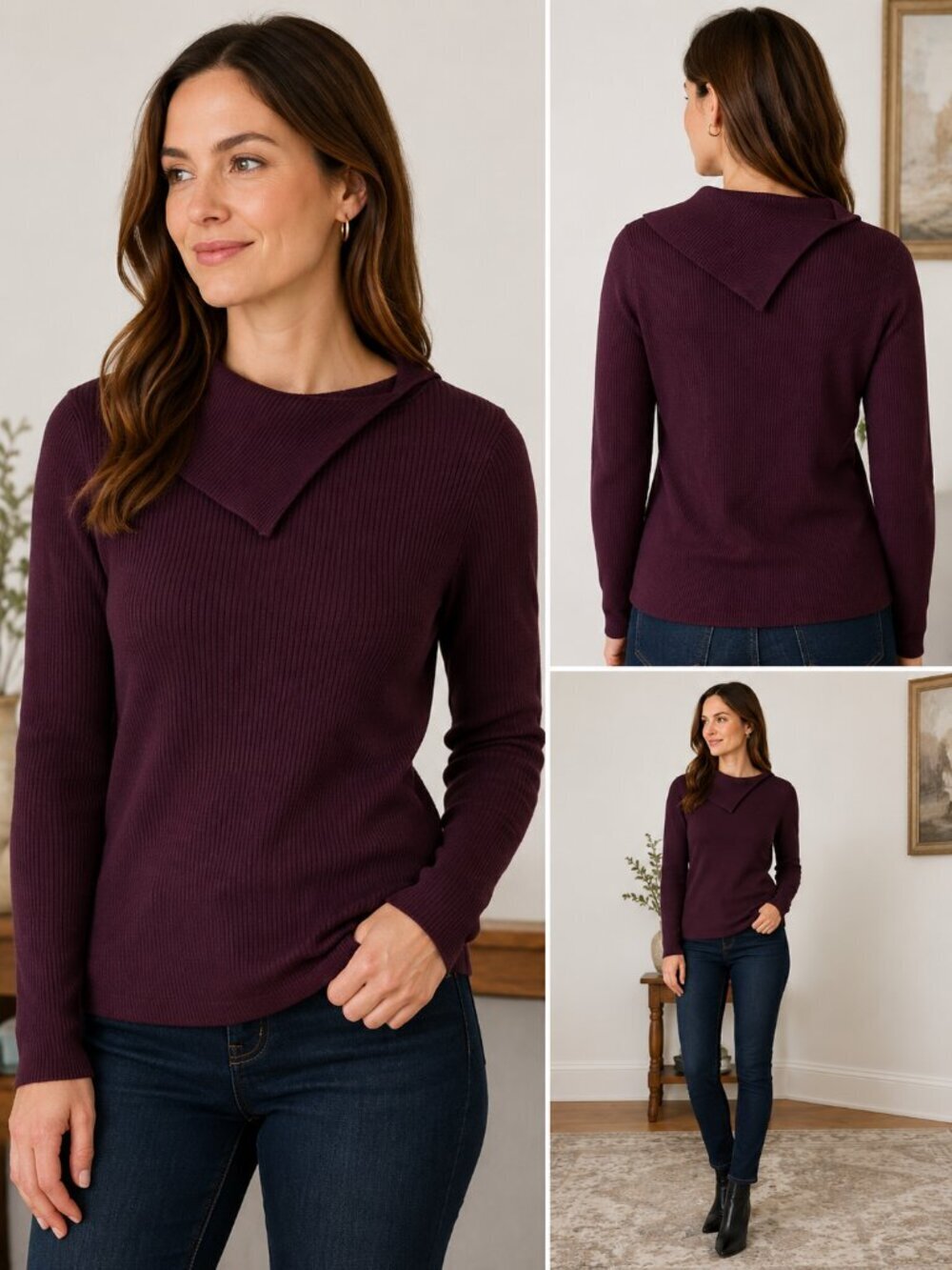Casual Corner Annex Burgundy Ribbed Cowl Neck Sweater Foldover Collar Large